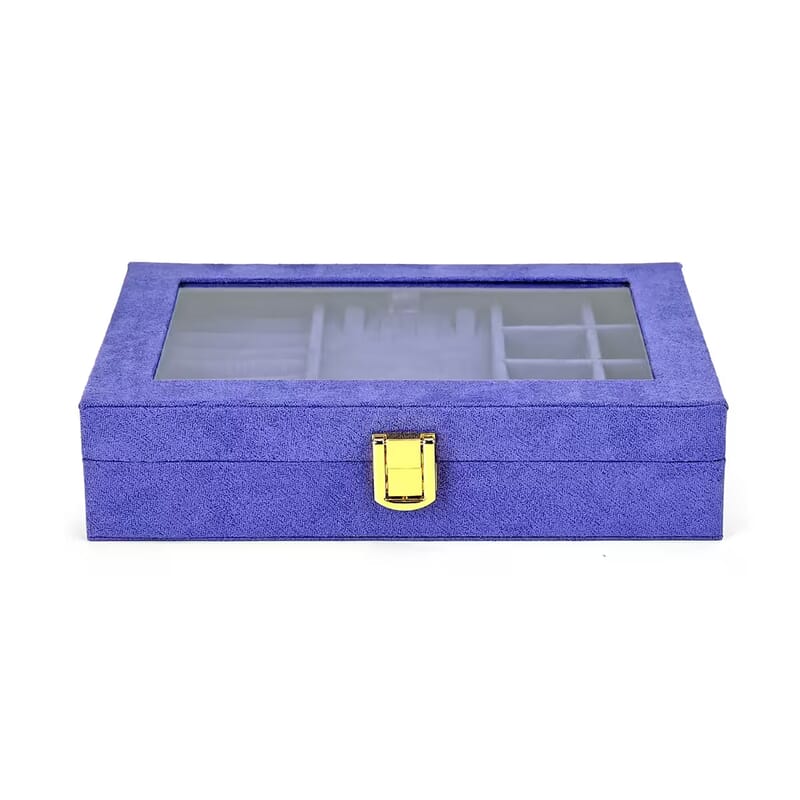 Tanzanite Blue Velvet Anti Tarnish Jewelry Box with Transparent Window (8 Ring Slots, 8 Small Sections, and A Removable Necklace Tray)