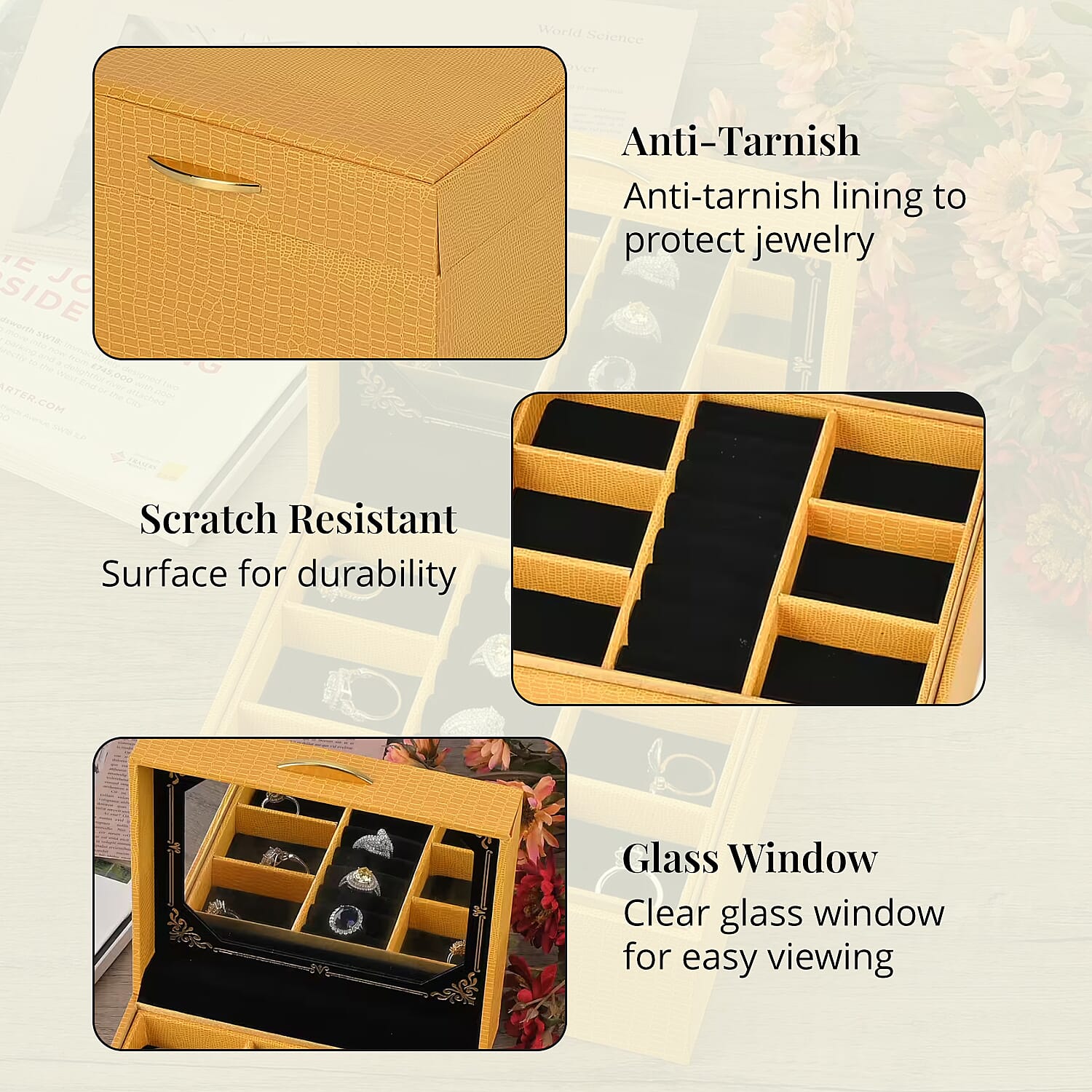 Yellow Lizard Embossed Pattern Leatherette Anti Tarnish 2-Layer Jewellery Box