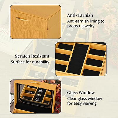 Yellow Lizard Embossed Pattern Leatherette Anti Tarnish 2-Layer Jewellery Box