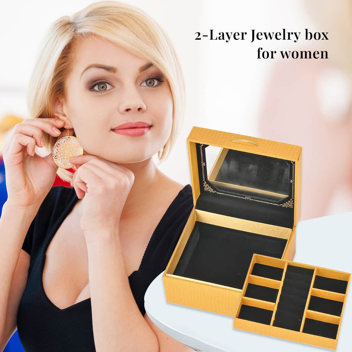 Yellow Lizard Embossed Pattern Leatherette Paper 2-Layer Jewellery Box (7"x6.3"x3.9") image number 3