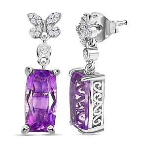 Rose De France Amethyst and White Zircon 5.06 ctw Earrings in Rhodium Over Sterling Silver