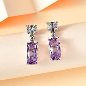 Rose De France Amethyst and White Zircon 5.06 ctw Earrings in Rhodium Over Sterling Silver