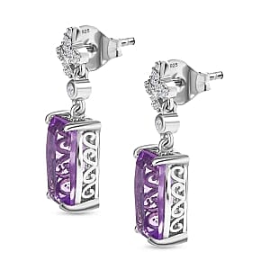 Rose De France Amethyst and White Zircon 5.06 ctw Earrings in Rhodium Over Sterling Silver