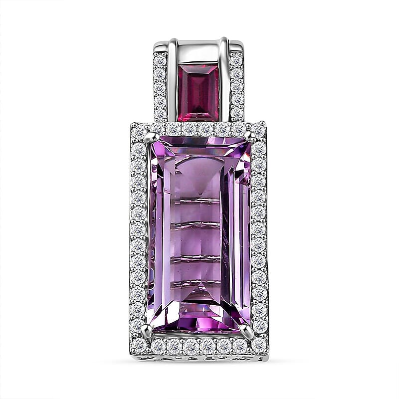 Rose De France and Rhodolite Garnet White Zircon 12.96 ctw Pendant in Rhodium Over Sterling Silver