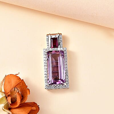 Rose De France and Rhodolite Garnet White Zircon 12.96 ctw Pendant in Rhodium Over Sterling Silver