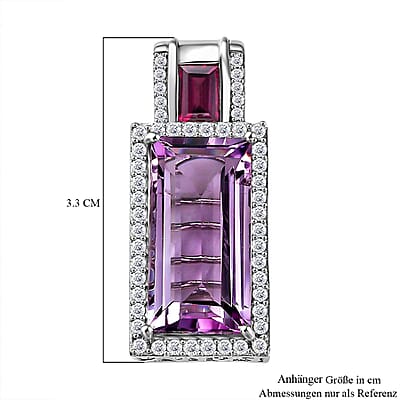 Rose De France and Rhodolite Garnet White Zircon 12.96 ctw Pendant in Rhodium Over Sterling Silver