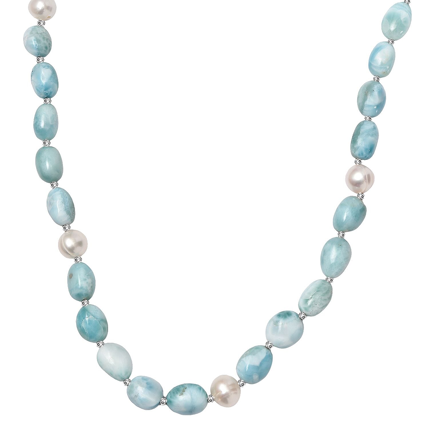 Larimar and Organic Shape Baroque Pearl Necklace 18-20 Inches in Rhodium Over Sterling Silver 227.00 ctw