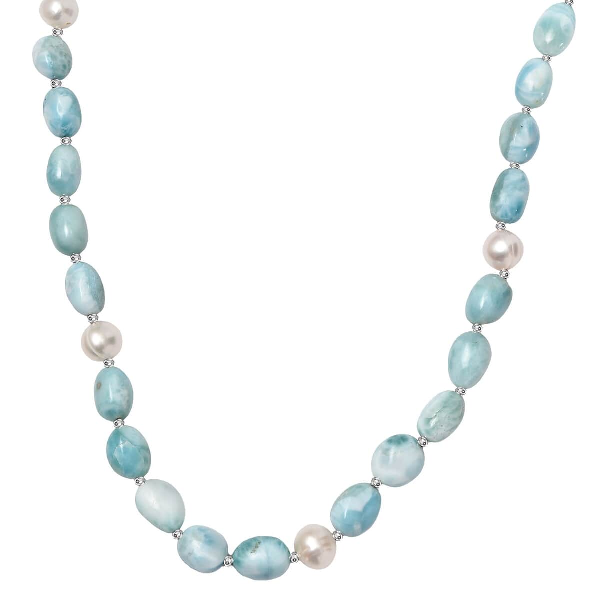 Larimar and Organic Shape Baroque Pearl Necklace 18-20 Inches in Rhodium Over Sterling Silver 227.00 ctw image number 0