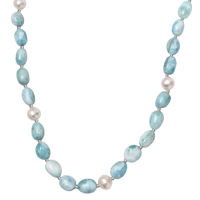Larimar and Organic Shape Baroque Pearl Necklace 18-20 Inches in Rhodium Over Sterling Silver 227.00 ctw