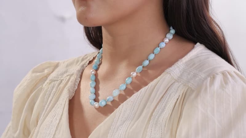 Larimar and Organic Shape Baroque Pearl Necklace 18-20 Inches in Rhodium Over Sterling Silver 227.00 ctw