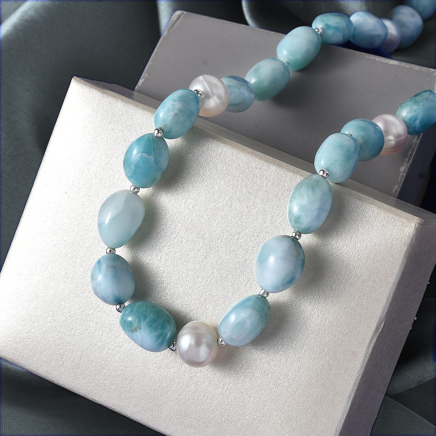 Larimar and Organic Shape Baroque Pearl Necklace 18-20 Inches in Rhodium Over Sterling Silver 227.00 ctw