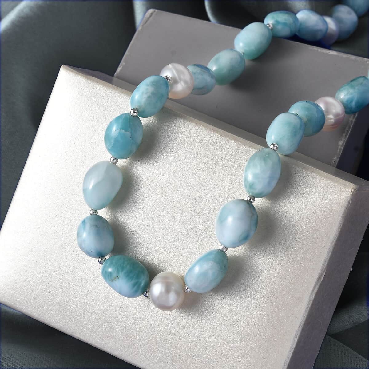 Larimar and Organic Shape Baroque Pearl Necklace 18-20 Inches in Rhodium Over Sterling Silver 227.00 ctw image number 1