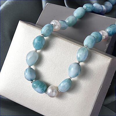 Larimar and Organic Shape Baroque Pearl Necklace 18-20 Inches in Rhodium Over Sterling Silver 227.00 ctw