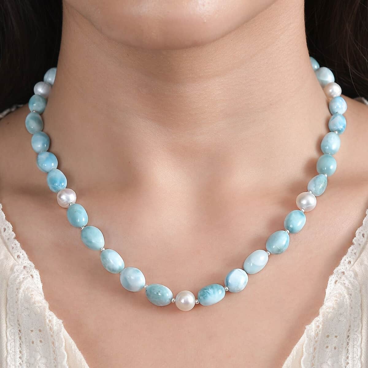 Larimar and Organic Shape Baroque Pearl Necklace 18-20 Inches in Rhodium Over Sterling Silver 227.00 ctw image number 2