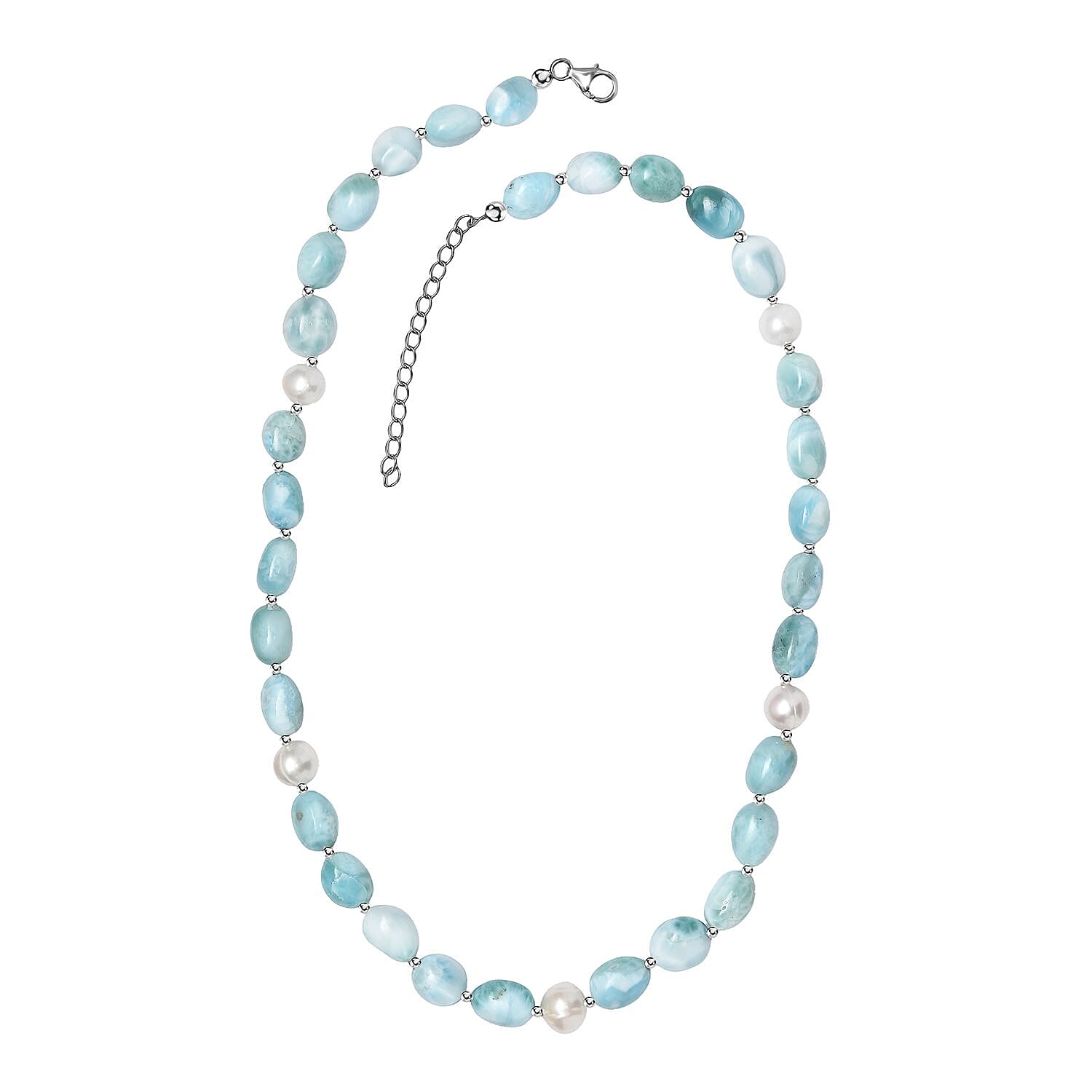 Larimar and Organic Shape Baroque Pearl Necklace 18-20 Inches in Rhodium Over Sterling Silver 227.00 ctw