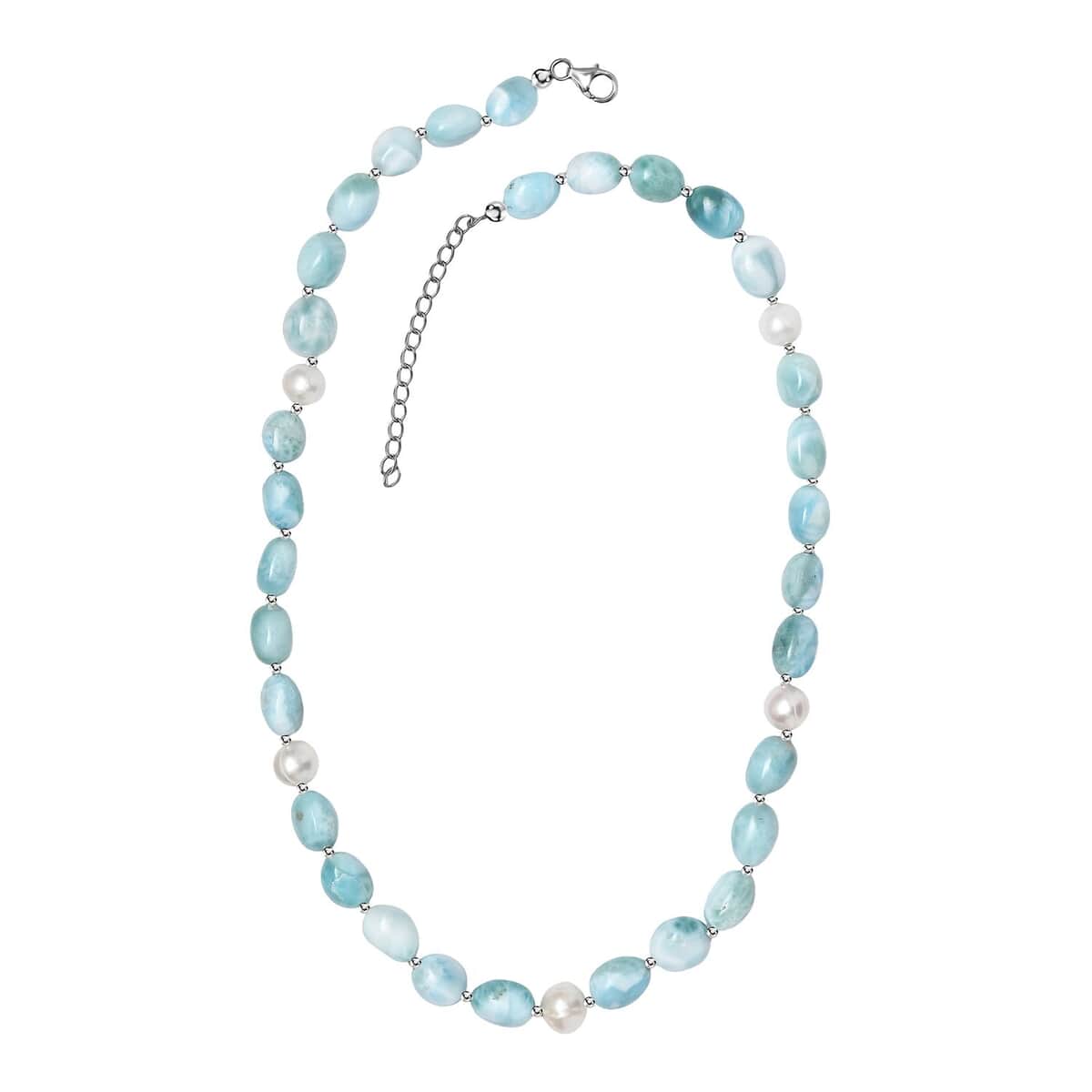 Larimar and Organic Shape Baroque Pearl Necklace 18-20 Inches in Rhodium Over Sterling Silver 227.00 ctw image number 3