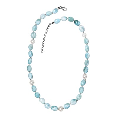 Larimar and Organic Shape Baroque Pearl Necklace 18-20 Inches in Rhodium Over Sterling Silver 227.00 ctw