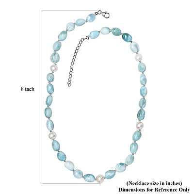 Larimar and Organic Shape Baroque Pearl Necklace 18-20 Inches in Rhodium Over Sterling Silver 227.00 ctw