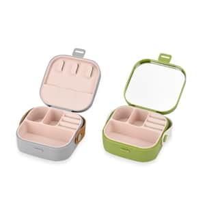 Set of 2pcs, Green and Gray Travel Jewelry Box with Faux Leather Handle (3.93x3.93x1.57)