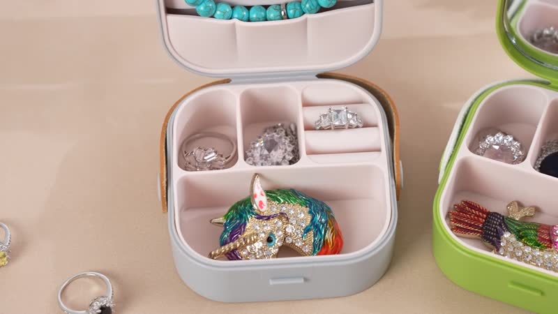 Set of 2pcs, Green and Gray Travel Jewelry Box with Faux Leather Handle (3.93"x3.93"x1.57")