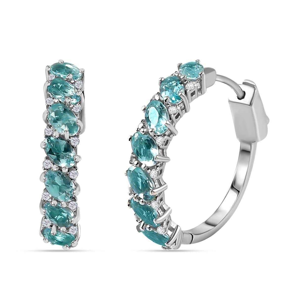 TLV Madagascar Paraiba Apatite, White Zircon Hoop Earrings in Platinum Over Sterling Silver 3.75 ctw image number 0