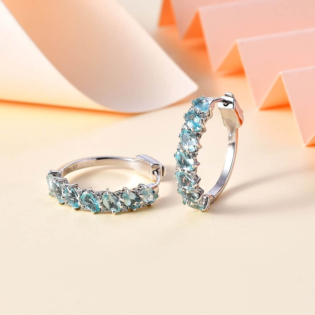 TLV Madagascar Paraiba Apatite, White Zircon Hoop Earrings in Platinum Over Sterling Silver 3.75 ctw image number 1