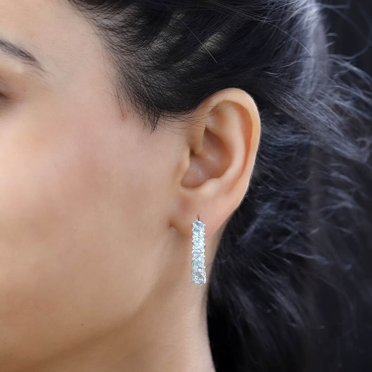 TLV Madagascar Paraiba Apatite, White Zircon Hoop Earrings in Platinum Over Sterling Silver 3.75 ctw image number 2