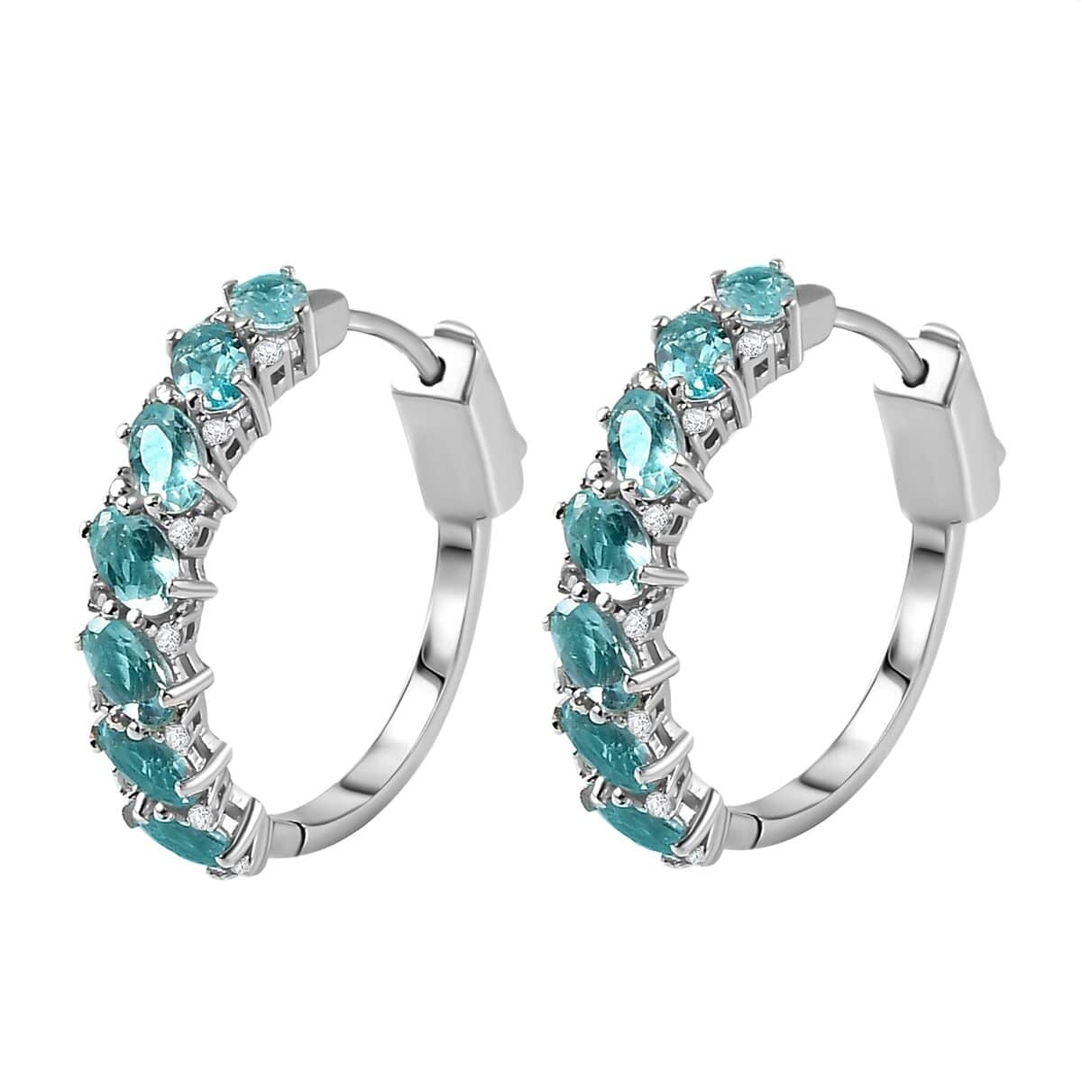 Madagascar Paraiba Apatite and White Zircon Hoop Earrings in Platinum Over Sterling Silver 3.75 ctw image number 3