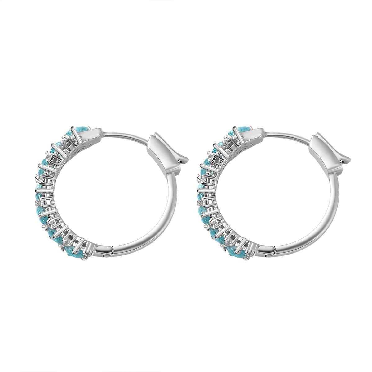 TLV Madagascar Paraiba Apatite, White Zircon Hoop Earrings in Platinum Over Sterling Silver 3.75 ctw image number 4