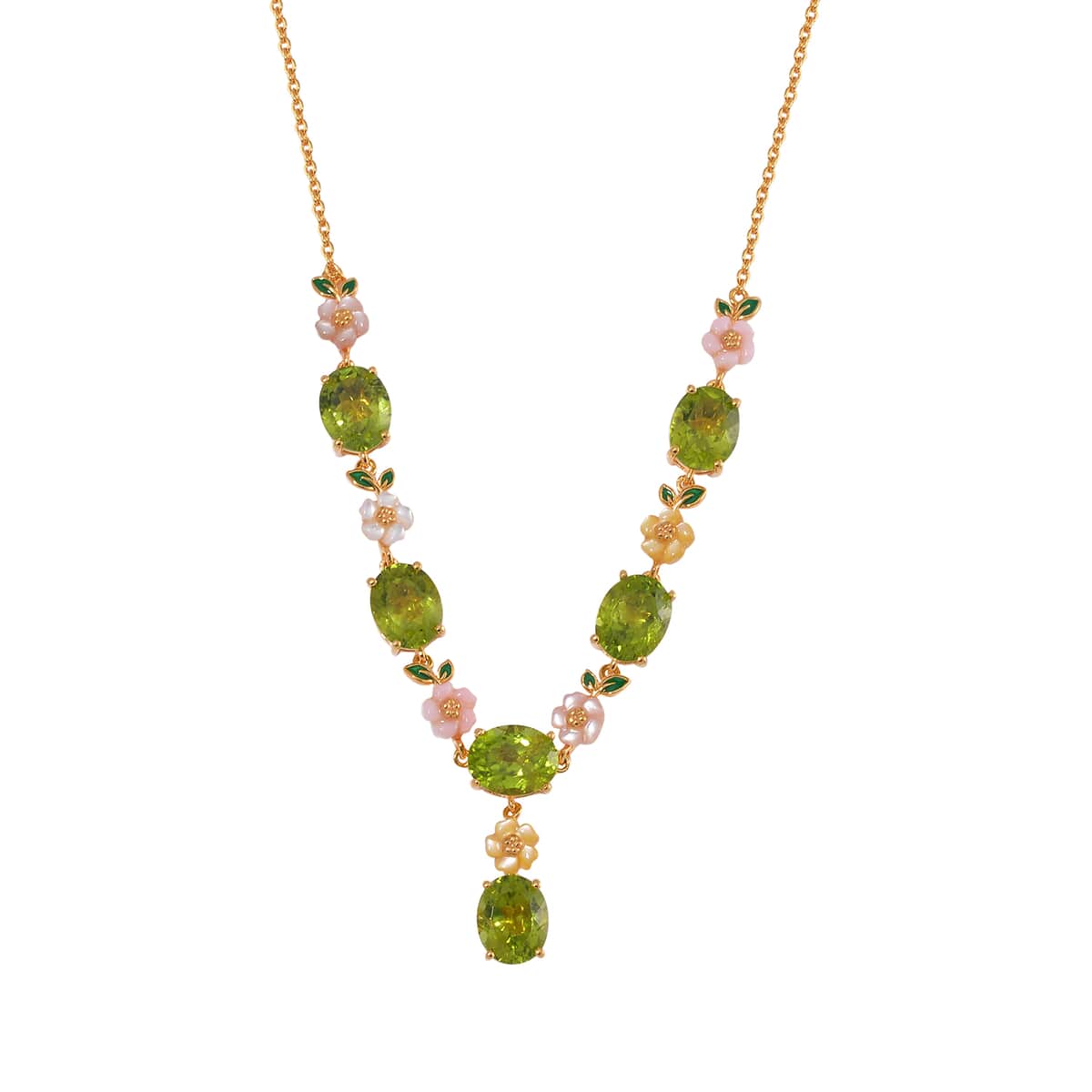Peridot and Multi Color Mother of Pearl Carved Enameled Floral Necklace 18 Inches in 18K Vermeil Yellow Gold Over Sterling Silver 17.30 ctw image number 0