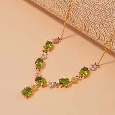 Hebei Peridot and Multi Color Mother of Pearl Carved Enameled Floral Necklace 18 Inches in 18K Vermeil Yellow Gold Over Sterling Silver 17.30 ctw