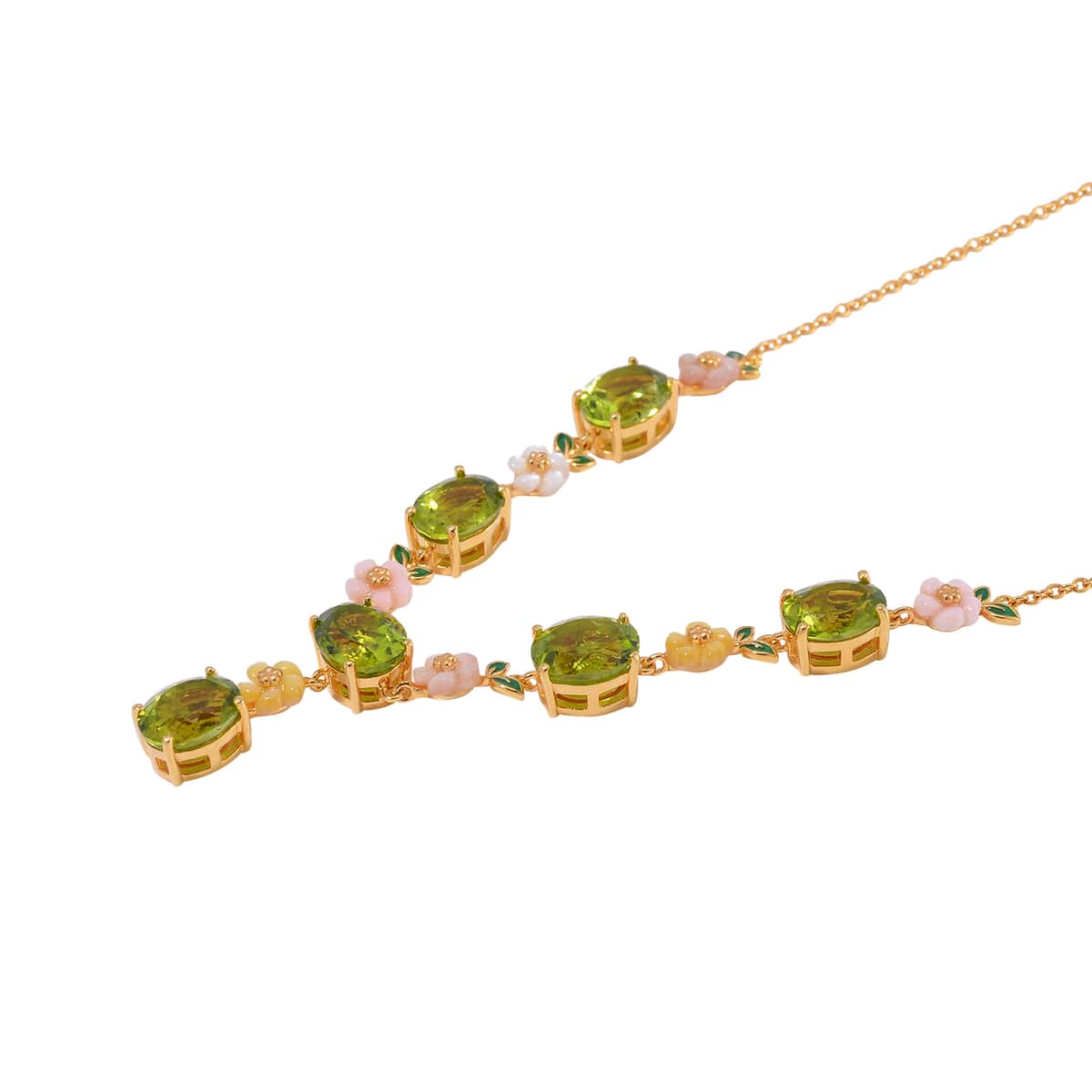 Peridot and Multi Color Mother of Pearl Carved Enameled Floral Necklace 18 Inches in 18K Vermeil Yellow Gold Over Sterling Silver 17.30 ctw image number 2