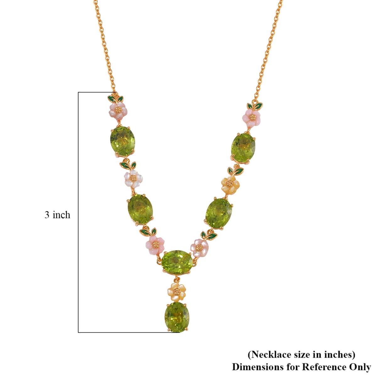 Peridot and Multi Color Mother of Pearl Carved Enameled Floral Necklace 18 Inches in 18K Vermeil Yellow Gold Over Sterling Silver 17.30 ctw image number 4