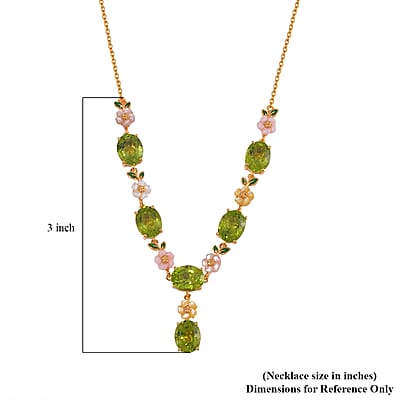 Hebei Peridot and Multi Color Mother of Pearl Carved Enameled Floral Necklace 18 Inches in 18K Vermeil Yellow Gold Over Sterling Silver 17.30 ctw