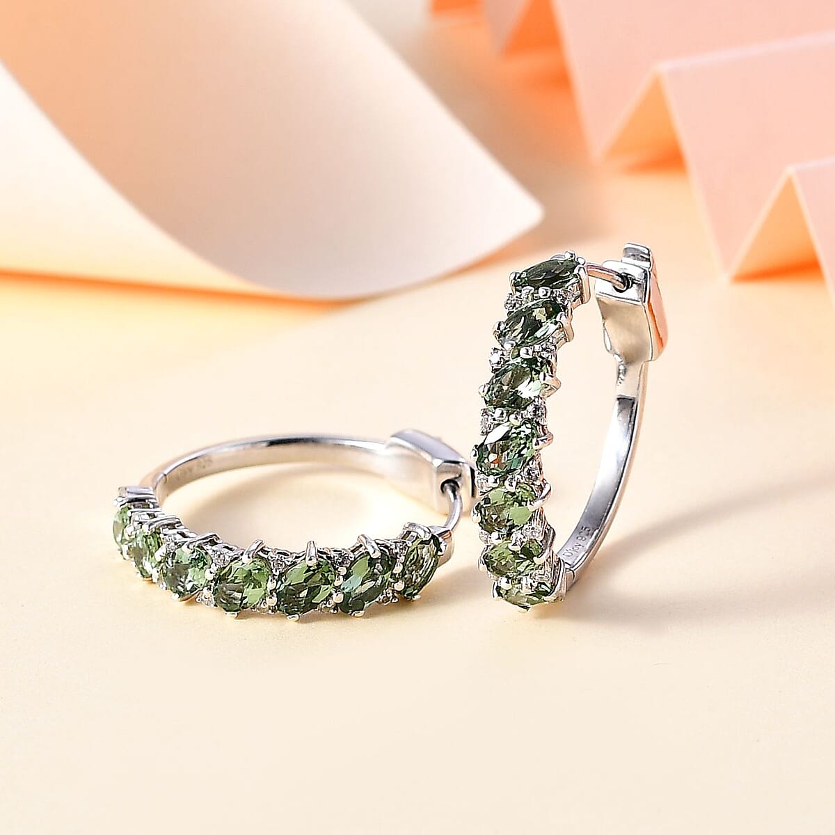 Madagascar Green Apatite and White Zircon Hoop Earrings in Platinum Over Sterling Silver 3.25 ctw image number 1