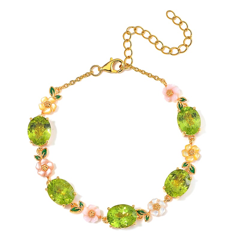 Hebei Peridot and Multi Color Mother of Pearl Carved Enameled Floral Bracelet in 18K Vermeil Yellow Gold Over Sterling Silver (6.50-8.50In) 14.20 ctw