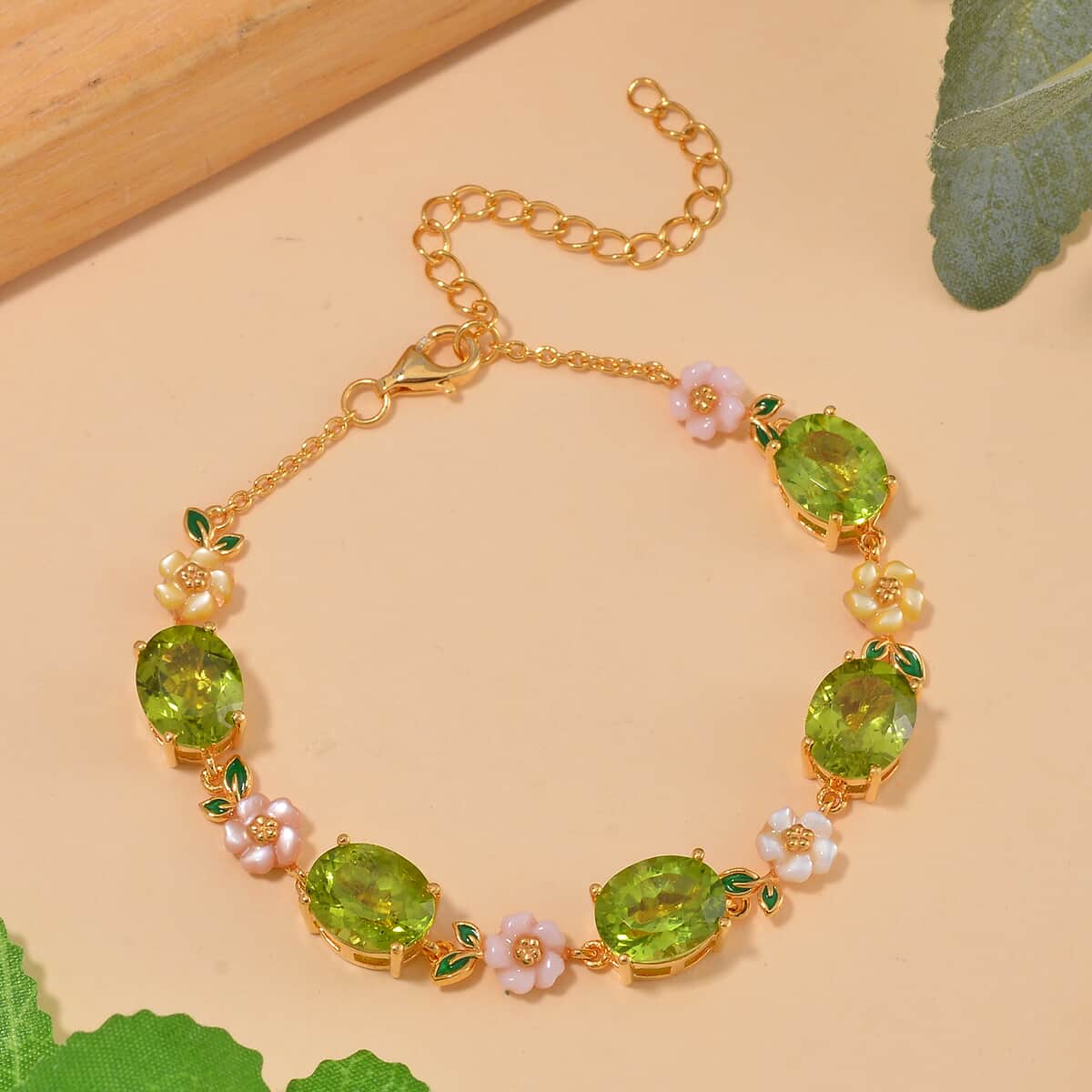 Peridot and Multi Color Mother of Pearl Carved Enameled Floral Bracelet in 18K Vermeil Yellow Gold Over Sterling Silver (6.50-8.50In) 14.20 ctw image number 1