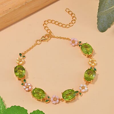 Hebei Peridot and Multi Color Mother of Pearl Carved Enameled Floral Bracelet in 18K Vermeil Yellow Gold Over Sterling Silver (6.50-8.50In) 14.20 ctw