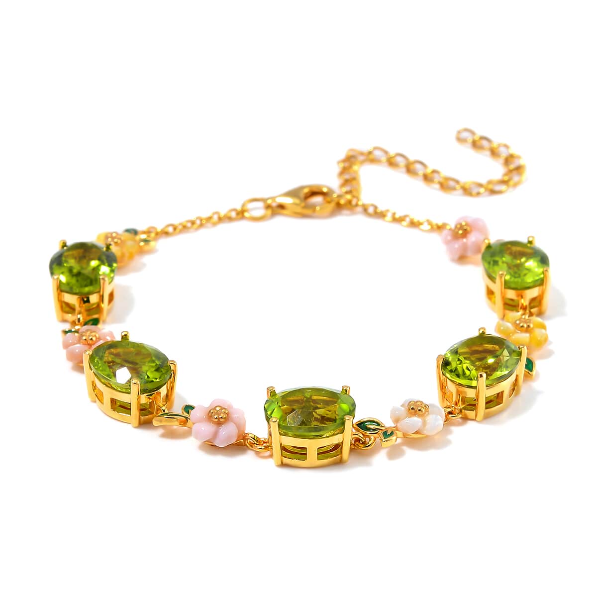 Peridot and Multi Color Mother of Pearl Carved Enameled Floral Bracelet in 18K Vermeil Yellow Gold Over Sterling Silver (6.50-8.50In) 14.20 ctw image number 2