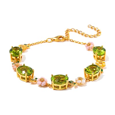 Hebei Peridot and Multi Color Mother of Pearl Carved Enameled Floral Bracelet in 18K Vermeil Yellow Gold Over Sterling Silver (6.50-8.50In) 14.20 ctw