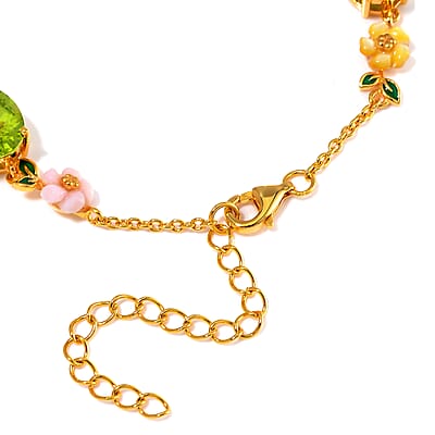 Hebei Peridot and Multi Color Mother of Pearl Carved Enameled Floral Bracelet in 18K Vermeil Yellow Gold Over Sterling Silver (6.50-8.50In) 14.20 ctw