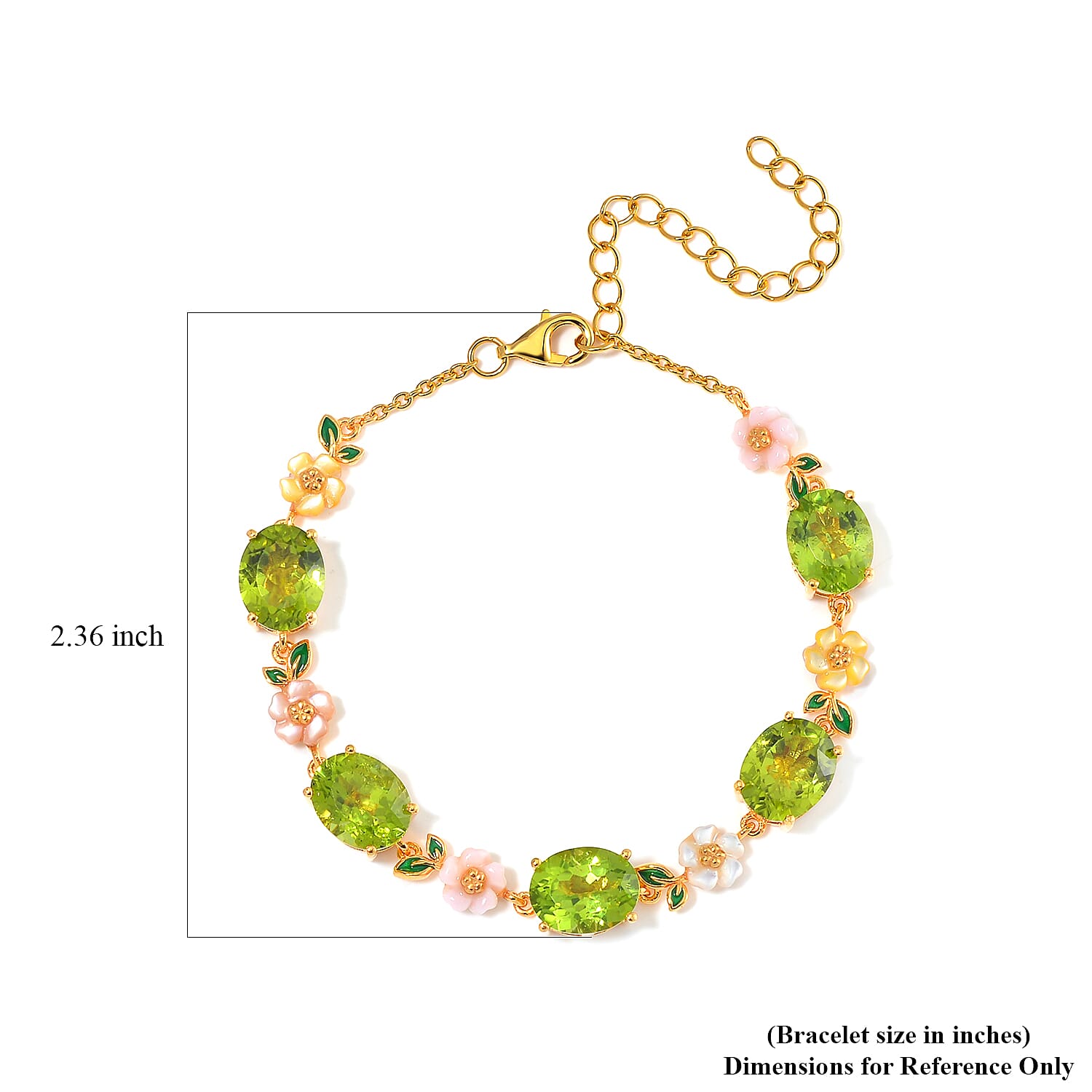 Hebei Peridot and Multi Color Mother of Pearl Carved Enameled Floral Bracelet in 18K Vermeil Yellow Gold Over Sterling Silver (6.50-8.50In) 14.20 ctw