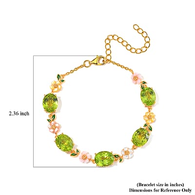 Hebei Peridot and Multi Color Mother of Pearl Carved Enameled Floral Bracelet in 18K Vermeil Yellow Gold Over Sterling Silver (6.50-8.50In) 14.20 ctw