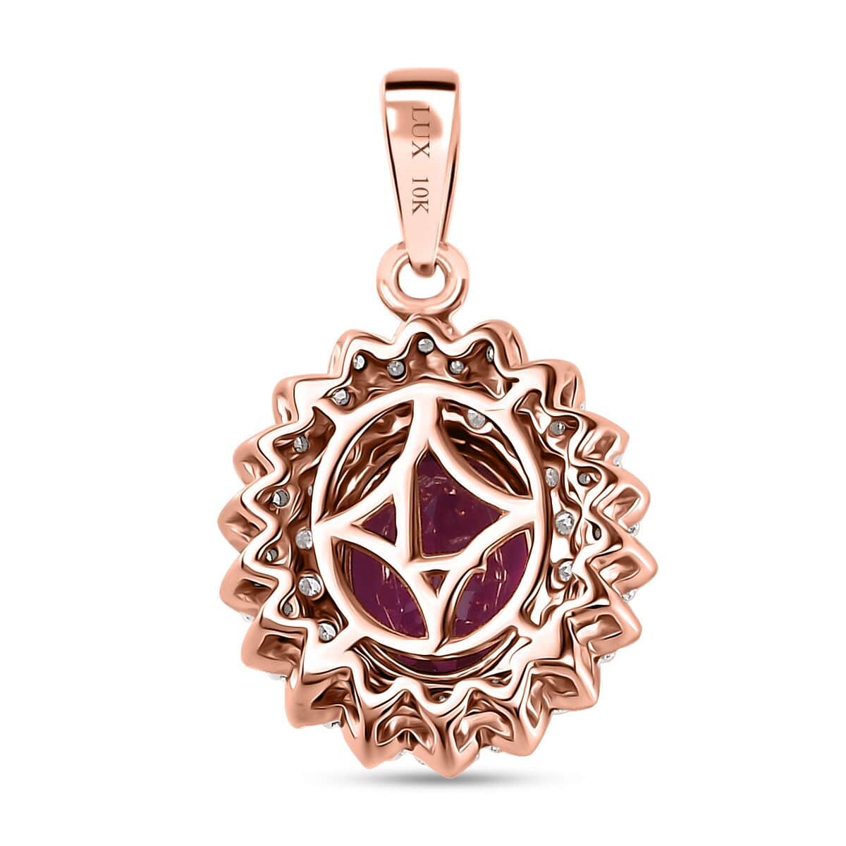 Certified & Appraised Luxoro 10K Rose Gold AAA Radiant Ember Garnet and G-H I2 Diamond Floral Pendant 3.30 ctw image number 4