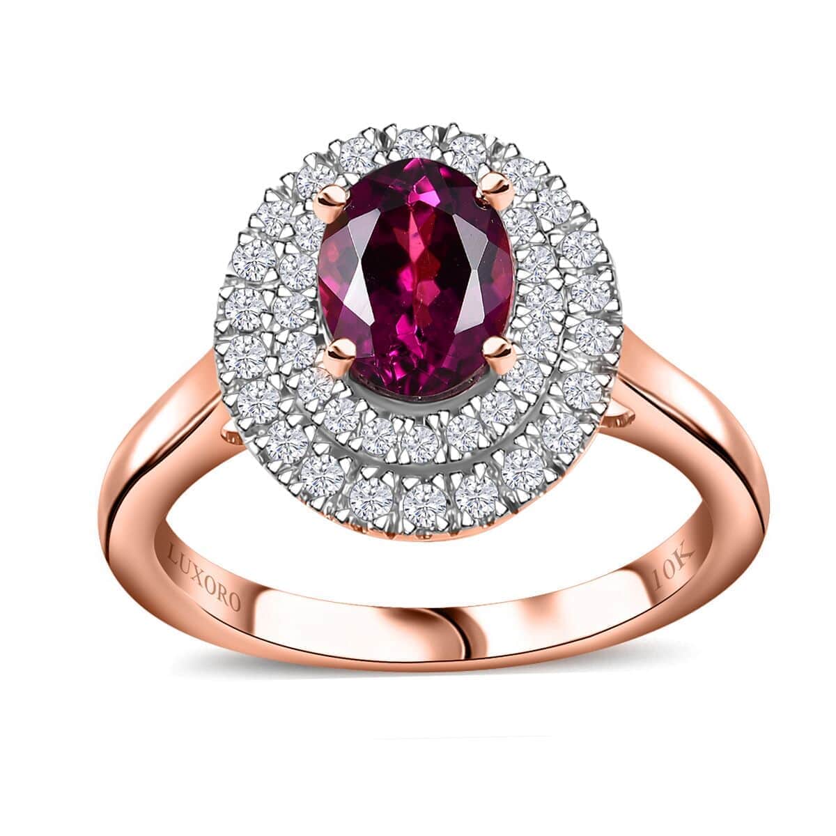 Certified & Appraised Luxoro AAA Radiant Ember Garnet and G-H I2 Diamond 1.97 ctw Double Halo Ring in 10K Rose Gold (Size 10.0) image number 0