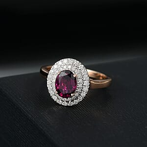 Certified & Appraised Luxoro AAA Radiant Ember Garnet and G-H I2 Diamond 1.97 ctw Double Halo Ring in 10K Rose Gold (Size 7.0) (Del. in 10-12 Days)