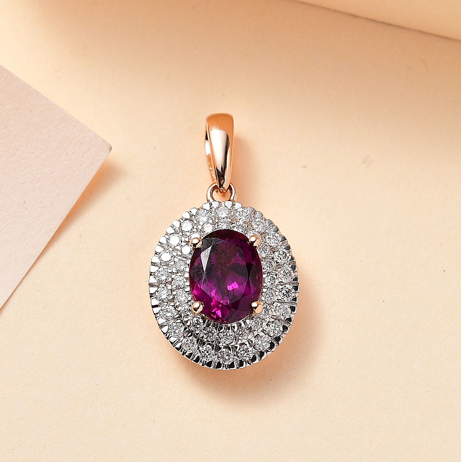 Certified & Appraised Luxoro 10K Rose Gold AAA Radiant Ember Garnet and G-H I2 Diamond Cocktail Pendant 2.07 ctw