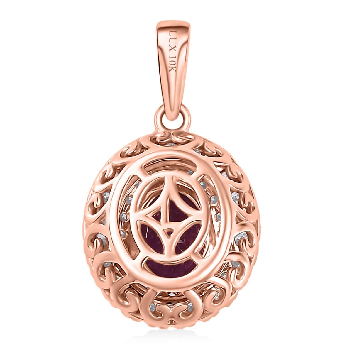 Certified & Appraised Luxoro 10K Rose Gold AAA Radiant Ember Garnet and G-H I2 Diamond Cocktail Pendant 2.07 ctw image number 4