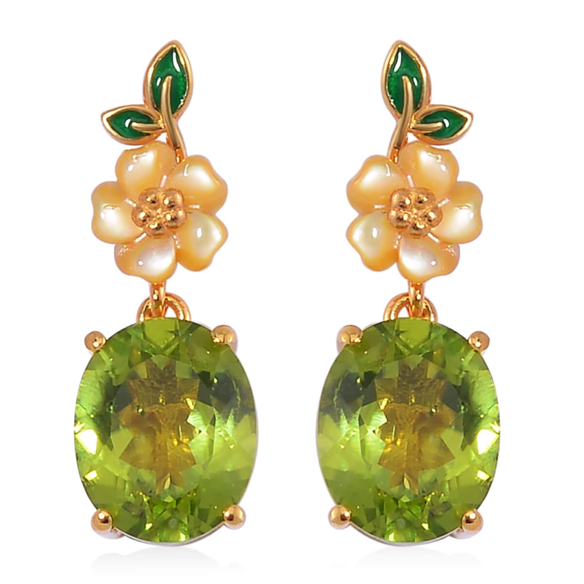 Peridot and Yellow Mother of Pearl Carved Enameled Floral Earrings in 18K Vermeil Yellow Gold Over Sterling Silver 5.75 ctw image number 0
