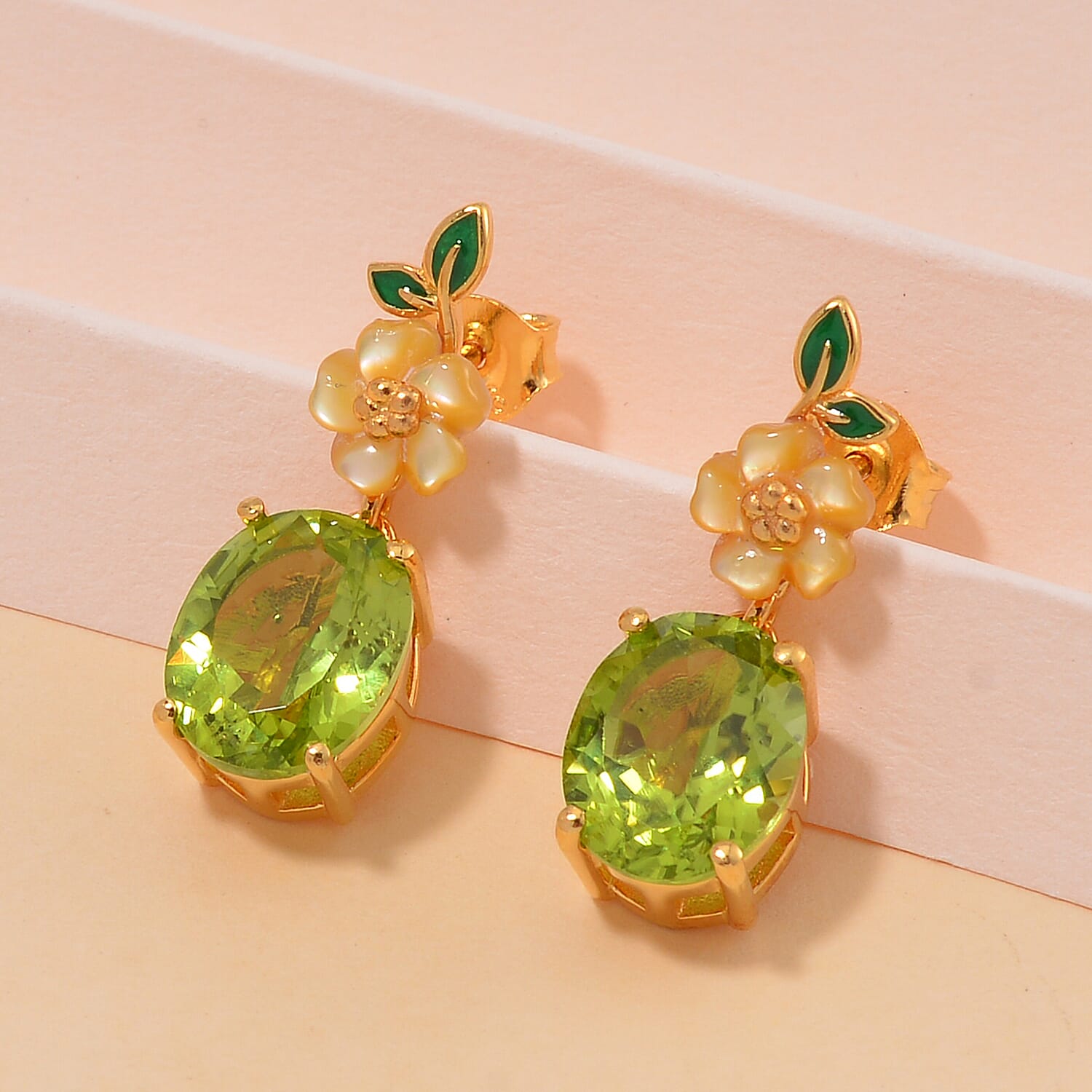 Peridot and Yellow Mother of Pearl Carved Enameled Floral Earrings in 18K Vermeil Yellow Gold Over Sterling Silver 5.75 ctw
